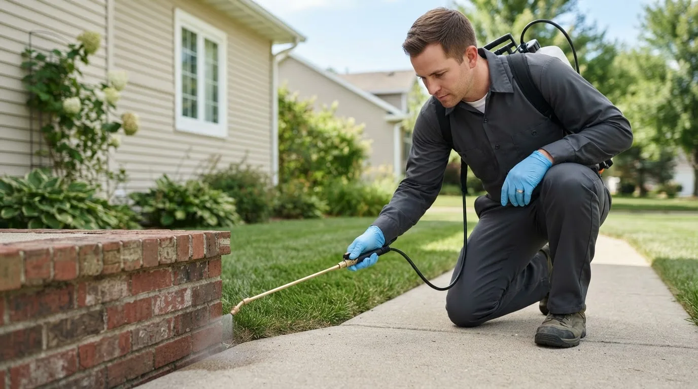 Pest control technician treating a home near Dennis, TX