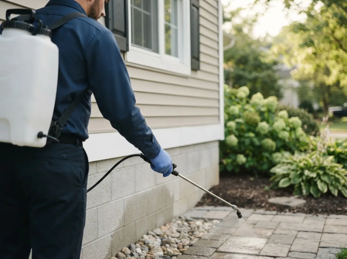 Pest control technician inspecting a home in Dennis, TX